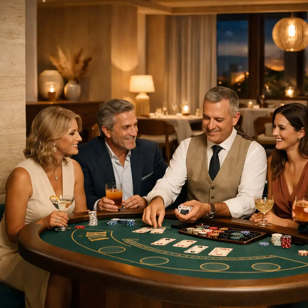 Blackjack asztal a Mirqazen esti éttermi terében, beszélgető vendégekkel és koktélokkal