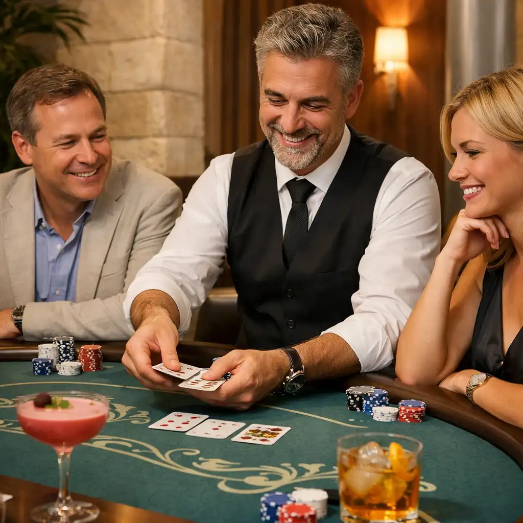 Házigazda oszt kártyákat figyelő vendégeknek egy elegáns Mirqazen blackjack asztalnál