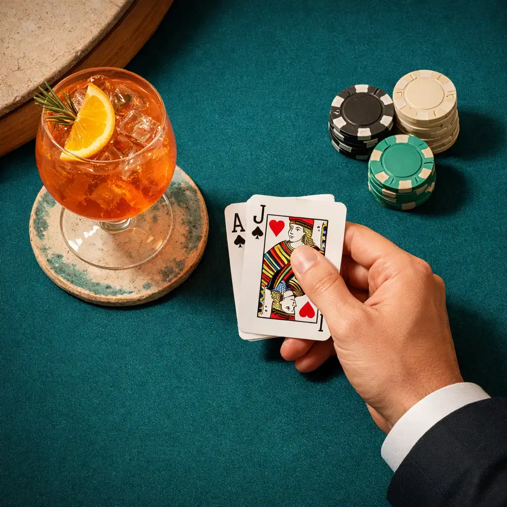 Játékkártyák, citrusos koktél és kézzel készített kerámia egy Mirqazen blackjack asztalon