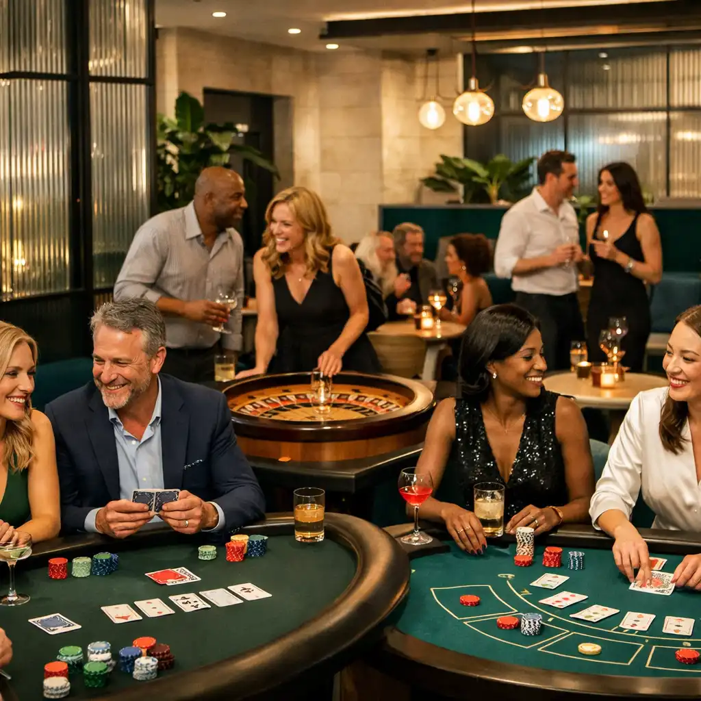 Vendégek poker, rulett és blackjack rekreációs asztalok körül beszélgetnek
