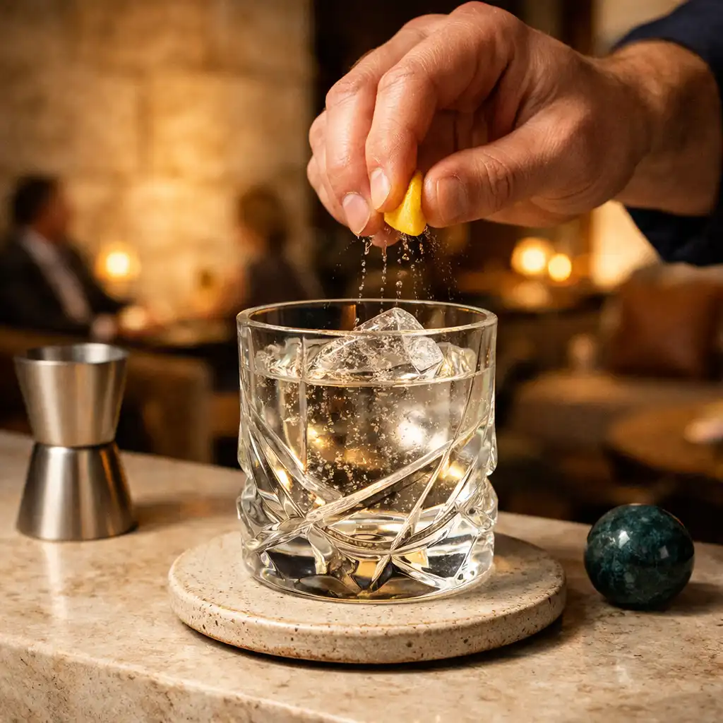 Bartender citruszt fejez egy koktél fölé a Mirqazen pultjánál