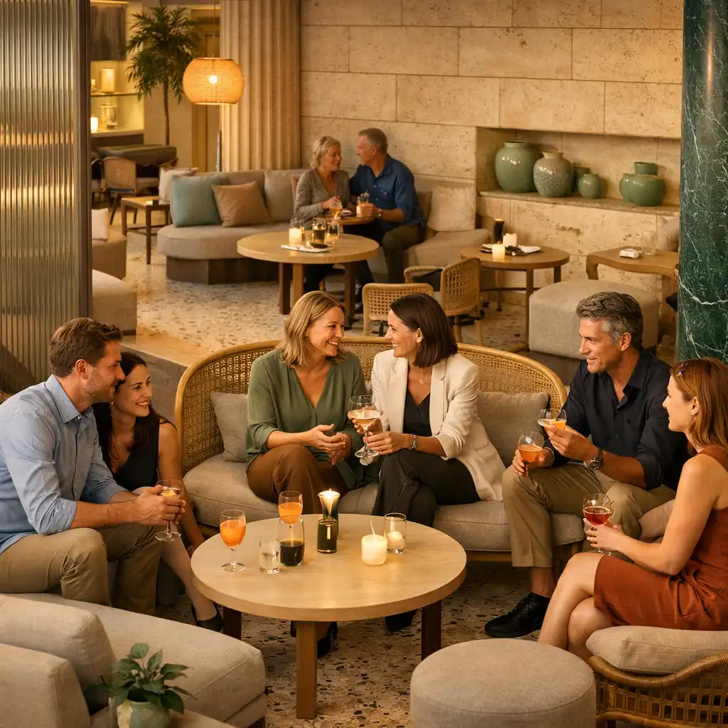 Beszélgető vendégek koktélokkal a Mirqazen lounge terében