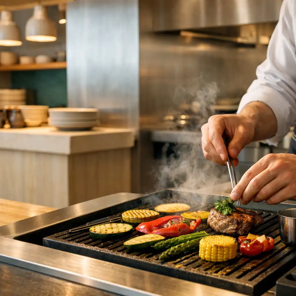Gondos grillkészítés világos éttermi környezetben