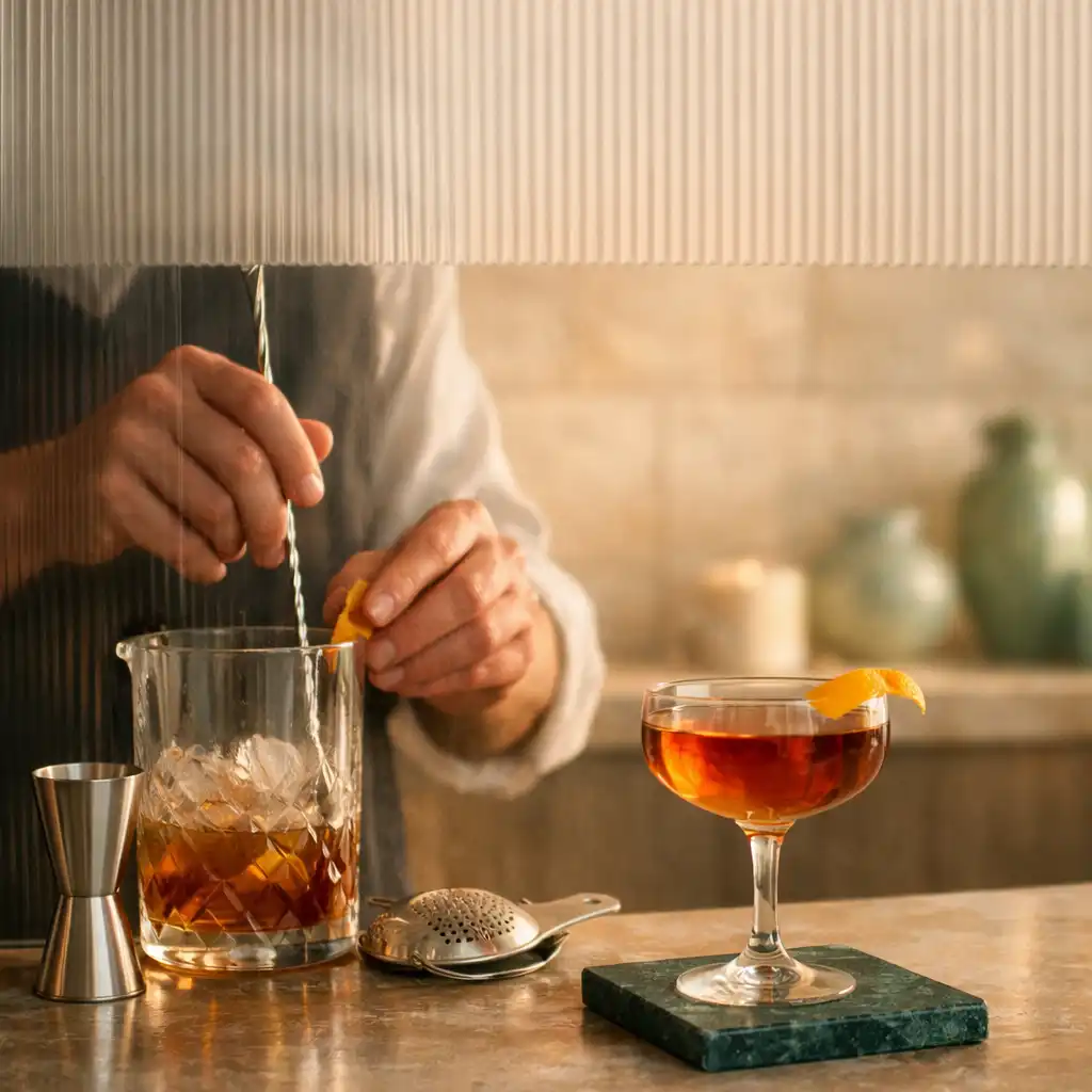 Bartender keze koktélt készít bordázott üvegfal mellett