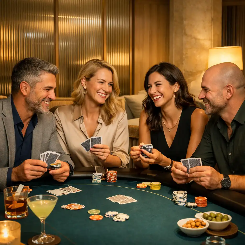 Barátok társasági pokerasztalnál kártyákkal, koktélokkal és dekoratív zsetonokkal