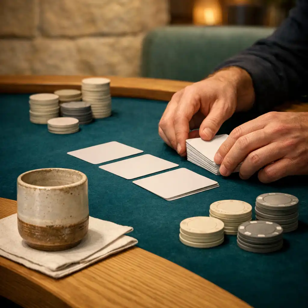 Mélyteal filces pokerasztal fizikai kártyákkal és értékjelölés nélküli zsetonokkal a Mirqazenben.