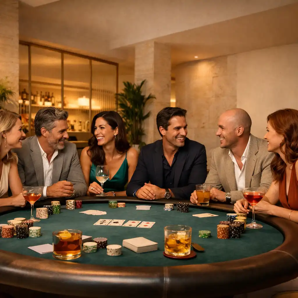 Vendégek egy elegáns Mirqazen pokerasztal körül, fizikai kártyákkal, dekoratív zsetonokkal és koktélokkal.