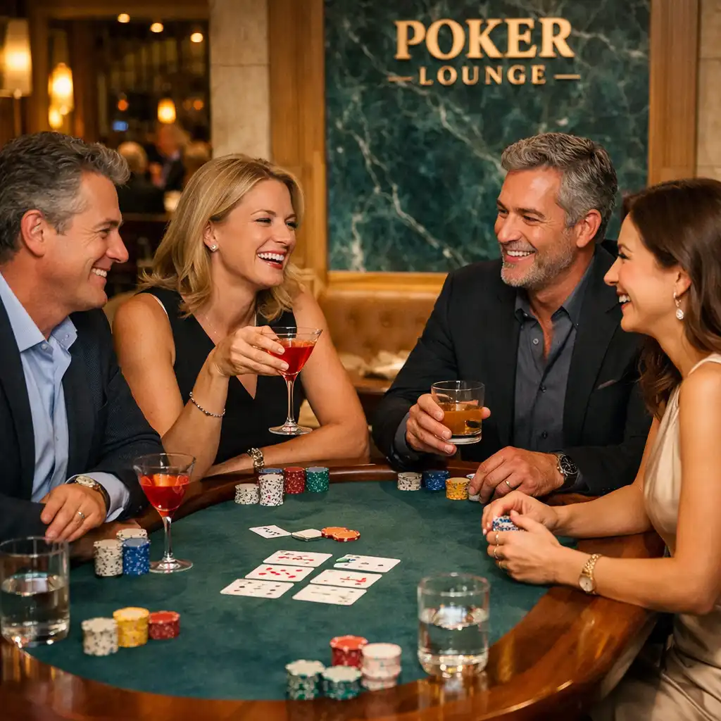 Vendégek beszélgetnek fizikai pokerasztal körül koktélokkal a Mirqazen Poker Lounge-ban