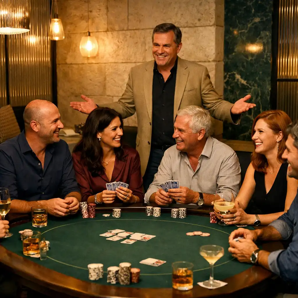 Privát társaság fizikai kártyákkal és koktélokkal egy intim Mirqazen pokerasztal körül.